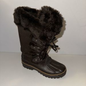 Khombu Womens Size 6 Faux Fur Suede Lace Up Mid Calf Duck Snow Boots Brown